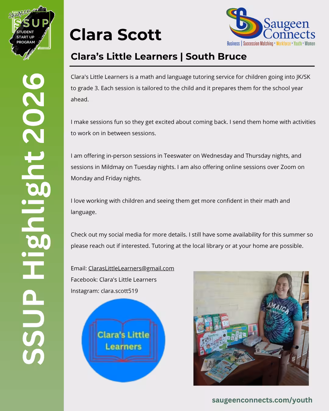SSUP 2026 participant profile for Clara Scott of Clara's Little Learners in South Bruce.