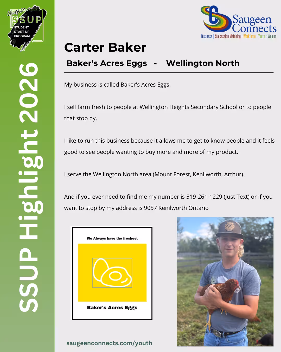 SSUP 2026 participant profile for Carter Baker of Baker's Acres Eggs in Wellington North.