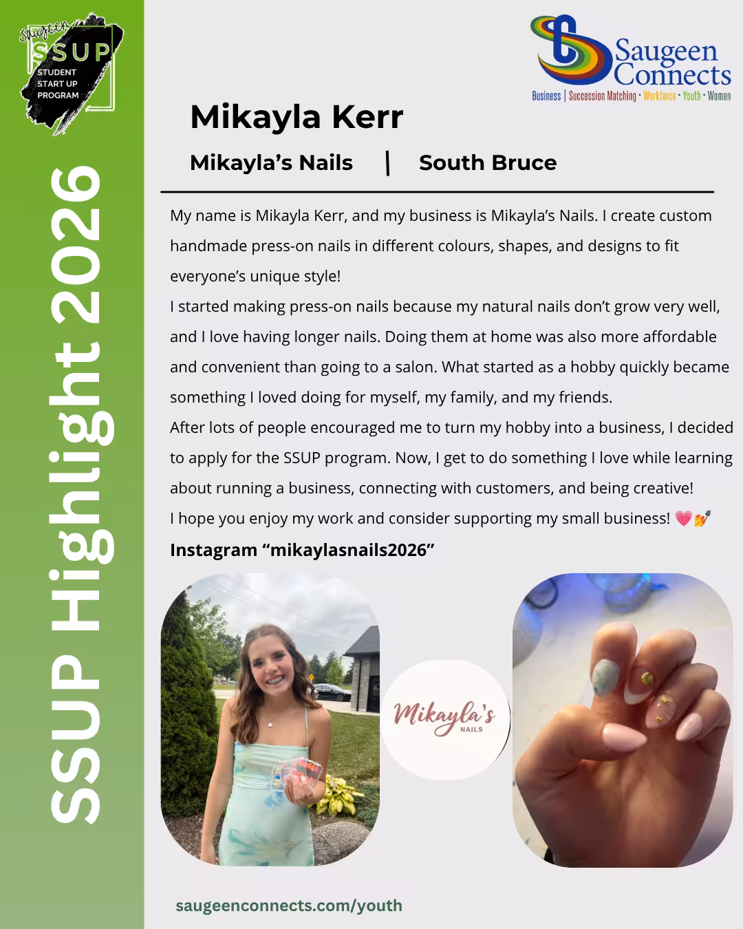SSUP 2026 participant profile for Mikayla Kerr of Mikayla's Nails in South Bruce.