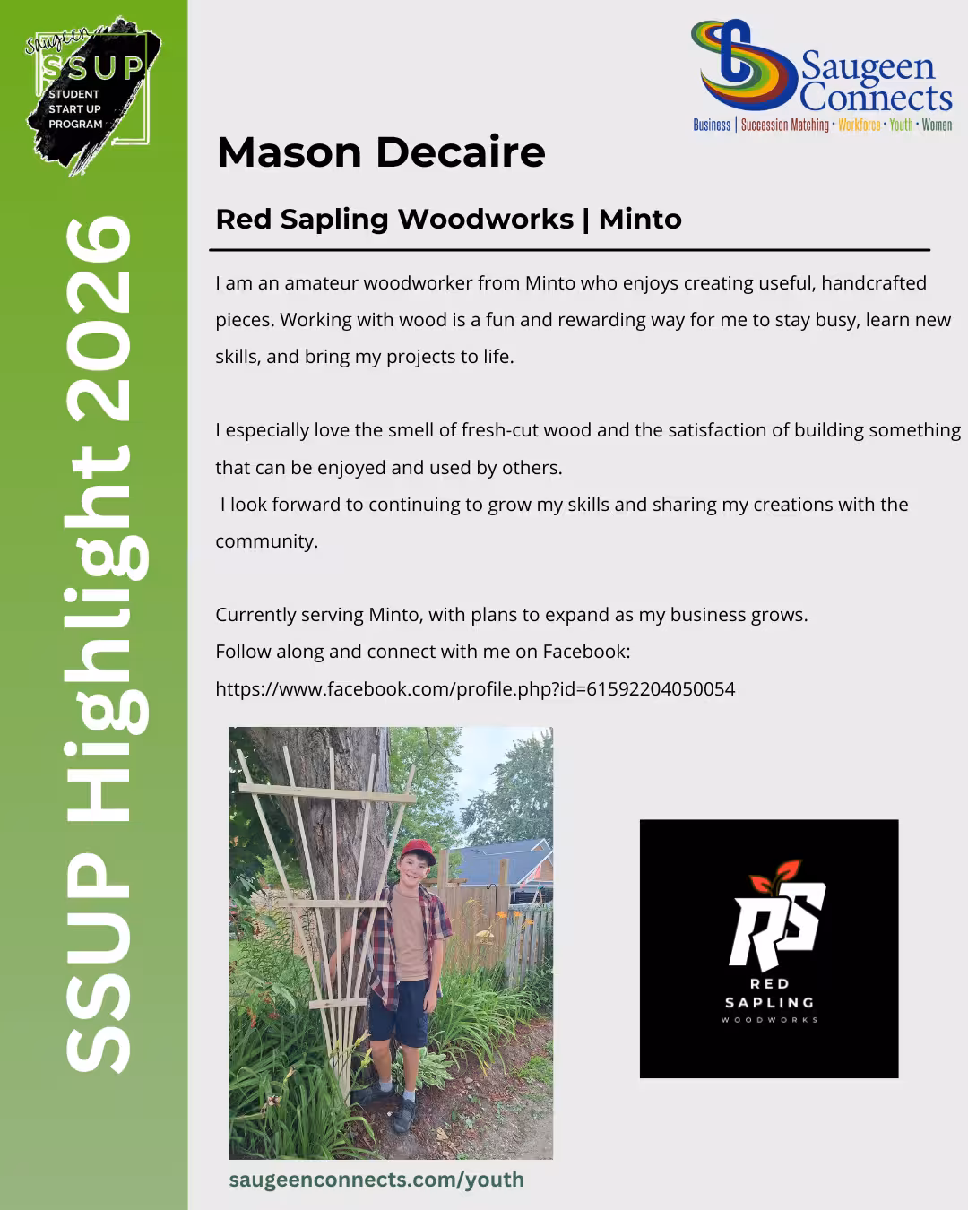 SSUP 2026 participant profile for Mason Decaire of Red Sapling Woodworks in Minto.