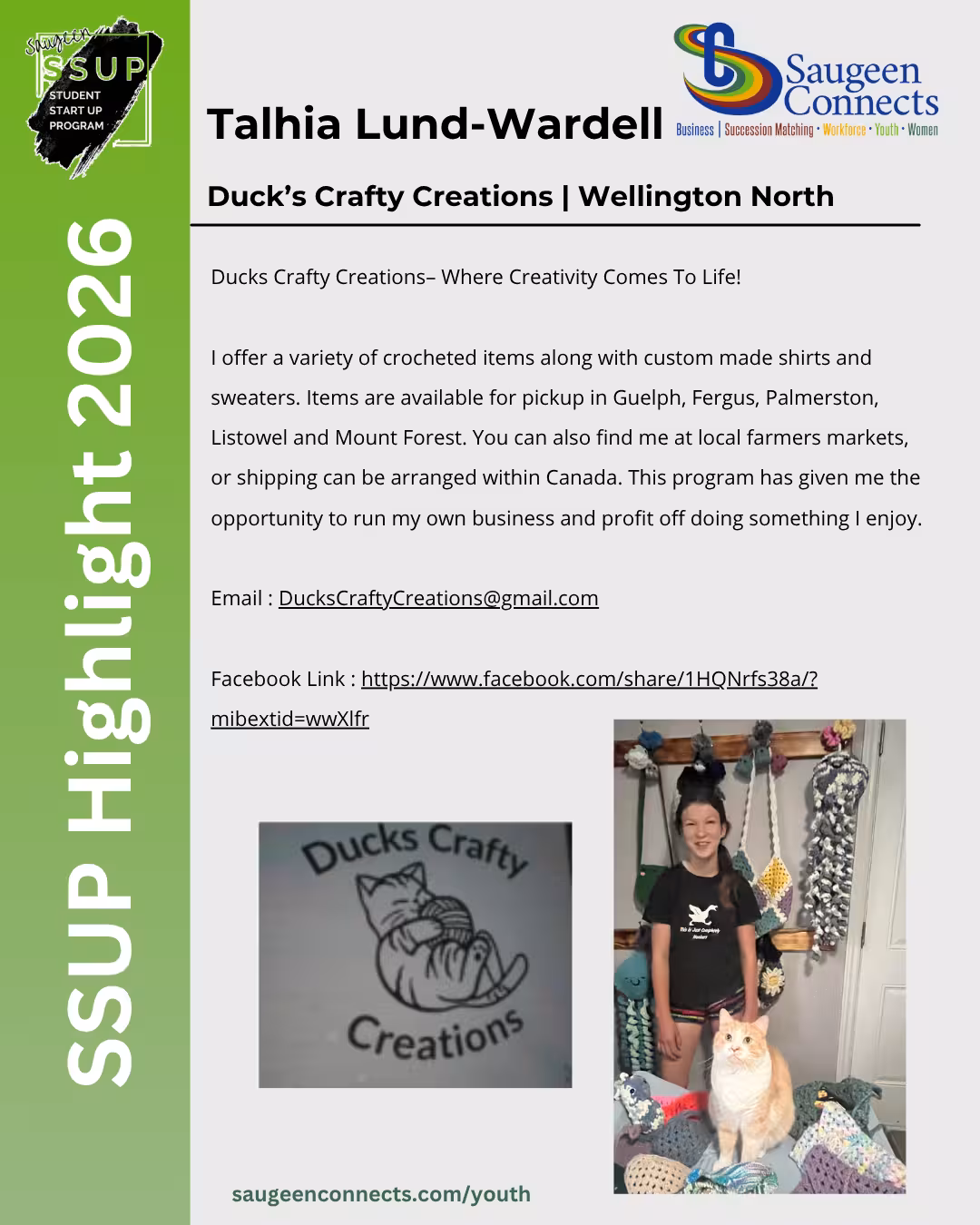 SSUP 2026 participant profile for Talhia Lund-Wardell of Duck's Crafty Creations in Wellington North.